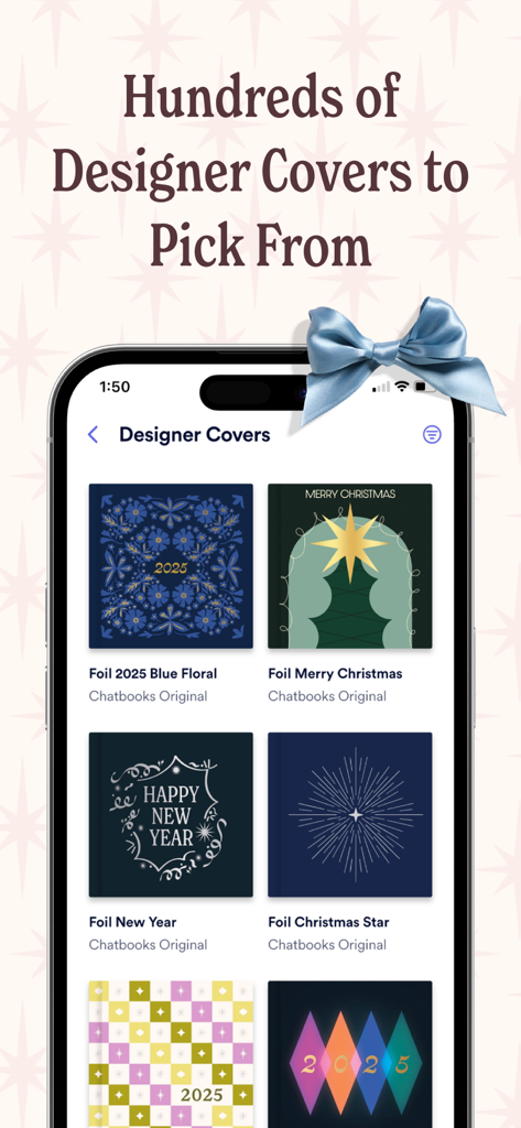 Chatbooks Family Photo Albums - Chatbooks app displaying a variety of designer photo book covers for holiday gifts