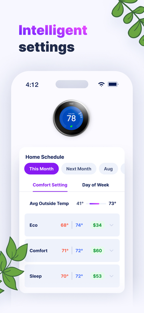 Optiwatt app interface showing smart thermostat scheduling and projected monthly energy costs.