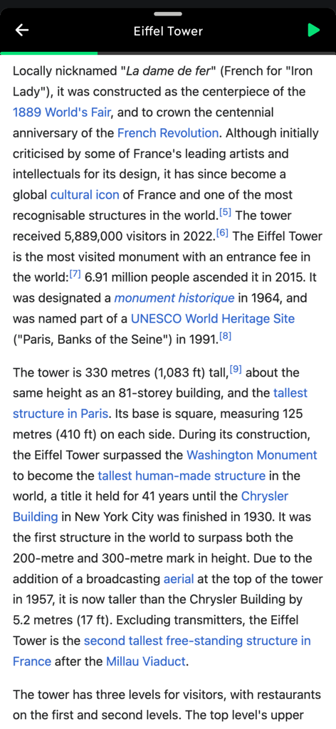 Informative historical and descriptive text about the Eiffel Tower within the Curiocity app