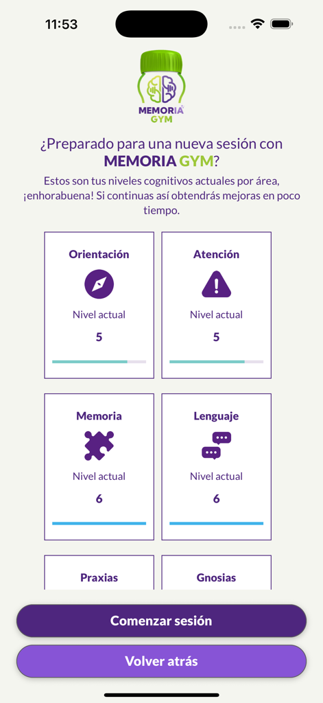 MemorIA GYM - Interface showing brain training progress across categories like memory, attention, and language in the MemorIA GYM app