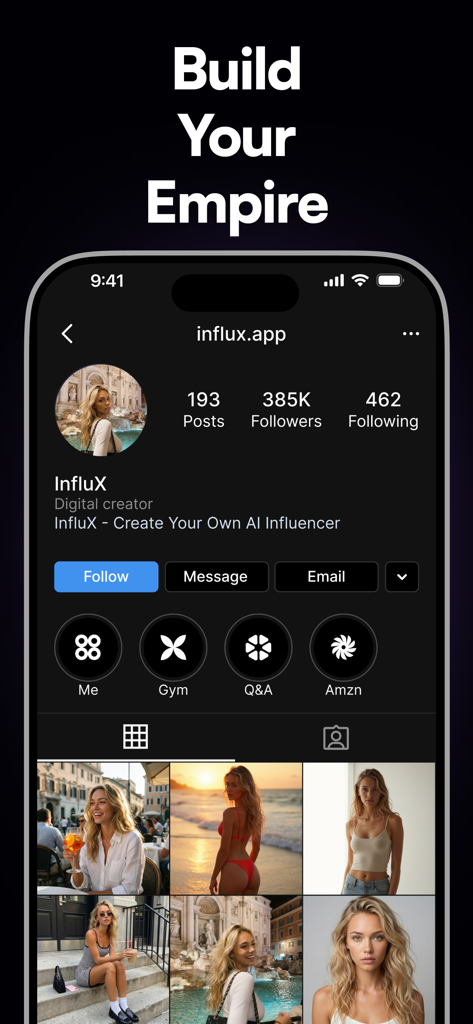 InfluX - Create AI Influencer - Écran de l'application InfluX montrant le profil de réseau social d'un influenceur IA avec une grille de photos et un nombre d'abonnés
