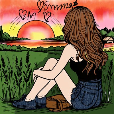 realistic girl sitting and watching the sunset