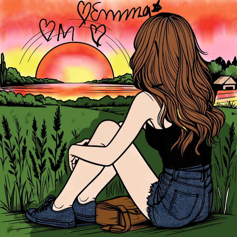 realistic girl sitting and watching the sunset