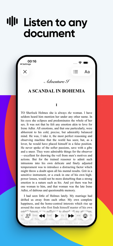 Aplicación Voice Aloud Reader en un smartphone mostrando un libro leído en voz alta con controles de reproducción de audio
