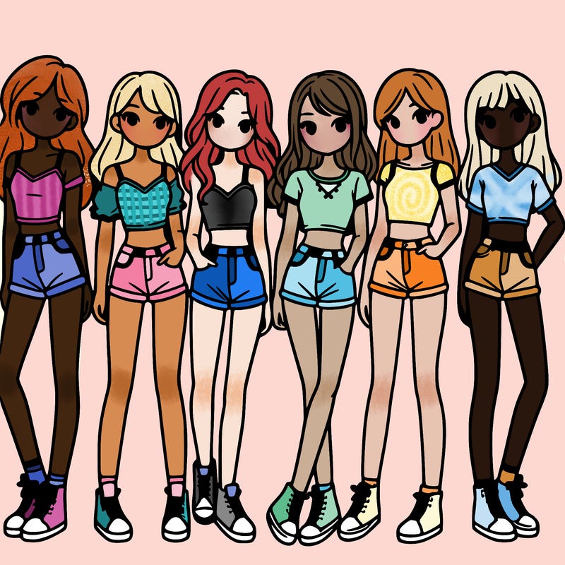 a group of girls wearing crop tops and shorts