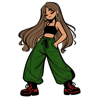girl in baggy pants crop top and long hair