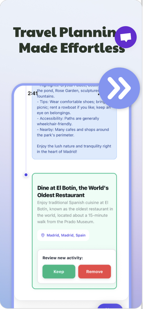 Pantalla de la aplicación Aicotravel mostrando un itinerario de viaje a Madrid generado por IA con una sugerencia de actividad para cenar en El Botín.