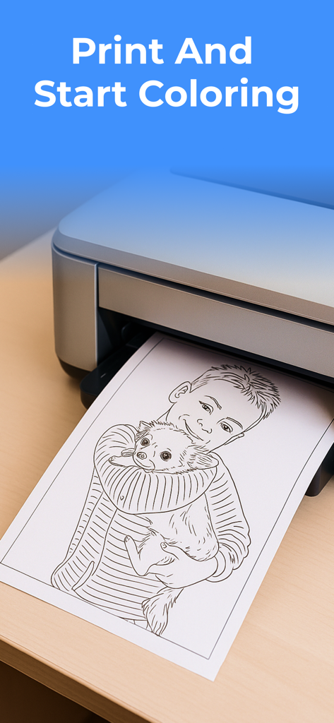 Sketchfy: Coloring Book Maker - 아이가 개를 껴안고 있는 AI 생성 스케치 특징인 맞춤 색칠 페이지를 생산하는 프린터