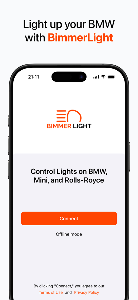 BimmerLight app welcome screen on iPhone showing the connect button and vehicle light control options