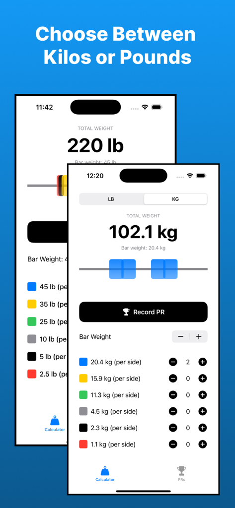 Barbell Weight Calculator + PR - Mobile app interface showing the option to switch between kilograms and pounds for barbell weight calculation