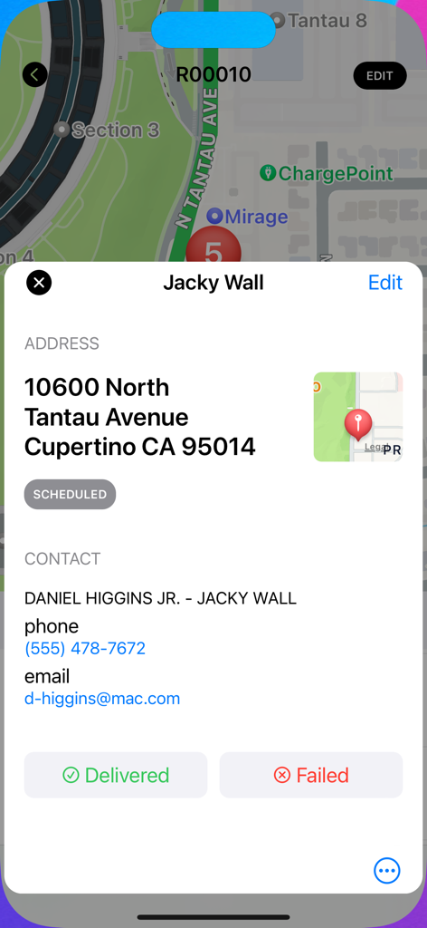 A screen showing delivery address contact info and status buttons