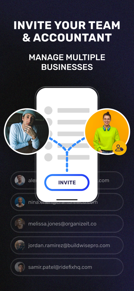 SparkReceipt: Expense Scanner - Uma interface móvel para convidar membros da equipe e contadores para gerenciar várias despesas comerciais.