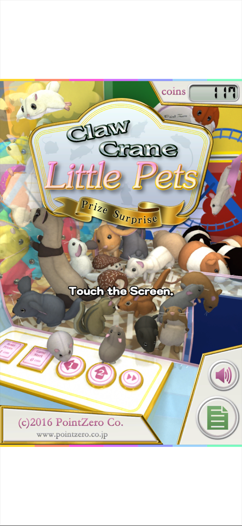 Start screen of the Claw Crane Little Pets mobile game featuring a virtual claw machine filled with cute plush animals