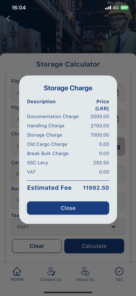 SriLankan Cargo - Storage charge calculation breakdown in SriLankan Cargo app