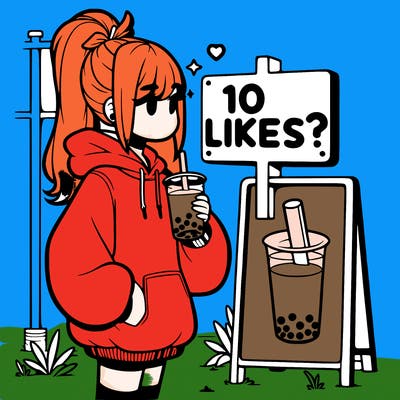girl with oversized hoodie drinking boba and she has a high ponytail with a sign that says 10likes?