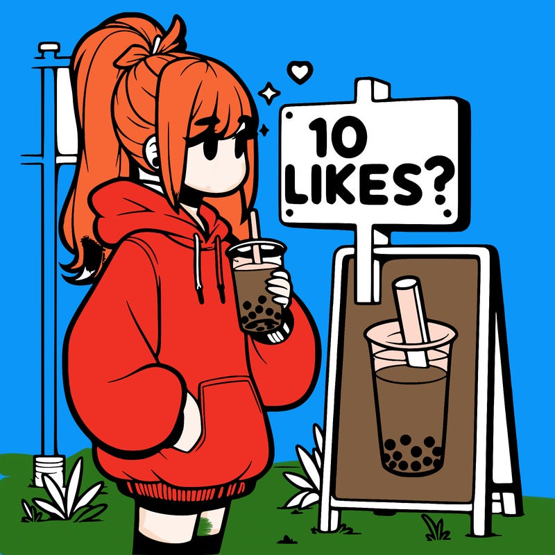 girl with oversized hoodie drinking boba and she has a high ponytail with a sign that says 10likes?