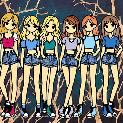 a group of girls wearing crop tops and shorts
