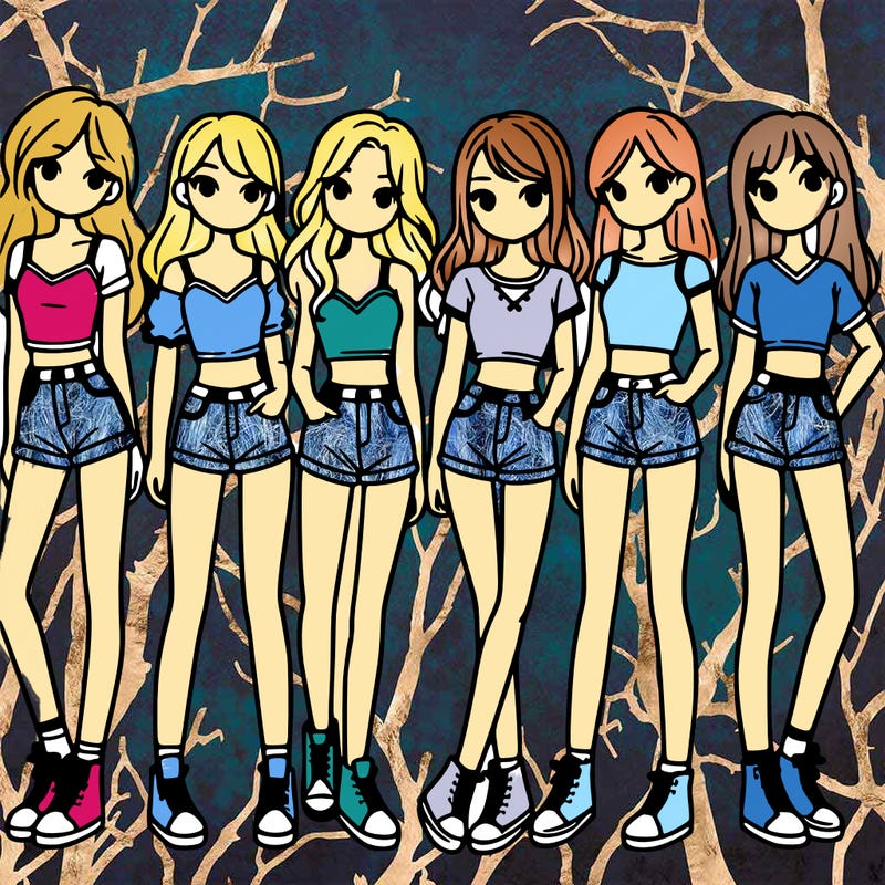 a group of girls wearing crop tops and shorts