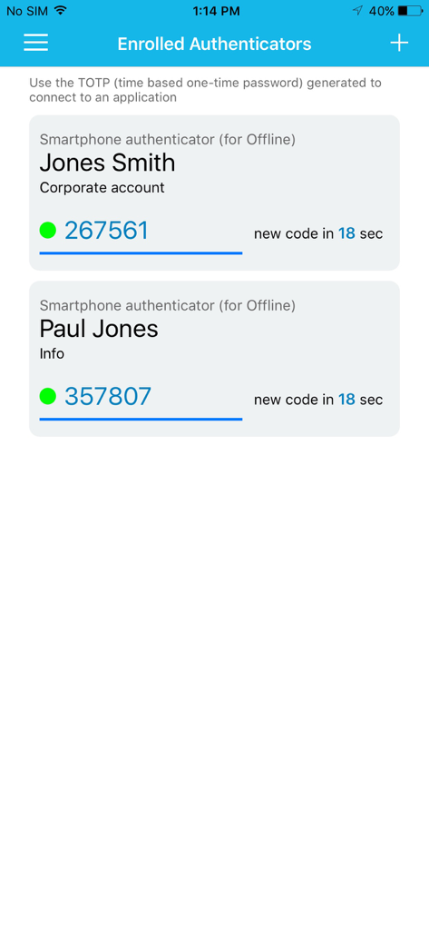 OT Advanced Authentication - OT Advanced Authentication screen displaying time based one time password codes for multiple accounts