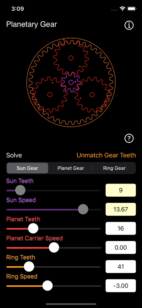Planetary Gear Calculator - Planetengetriebe-Rechner-Mobile-App-Oberfläche mit einer Getriebesimulation und einstellbaren technischen Parametern.