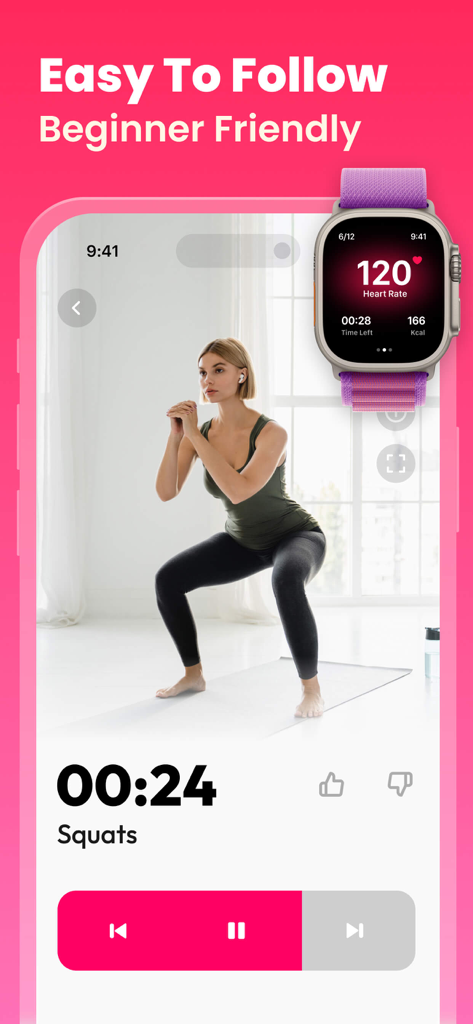 Woman performing squats in the Workout for Women app showing Apple Watch heart rate integration and exercise timer