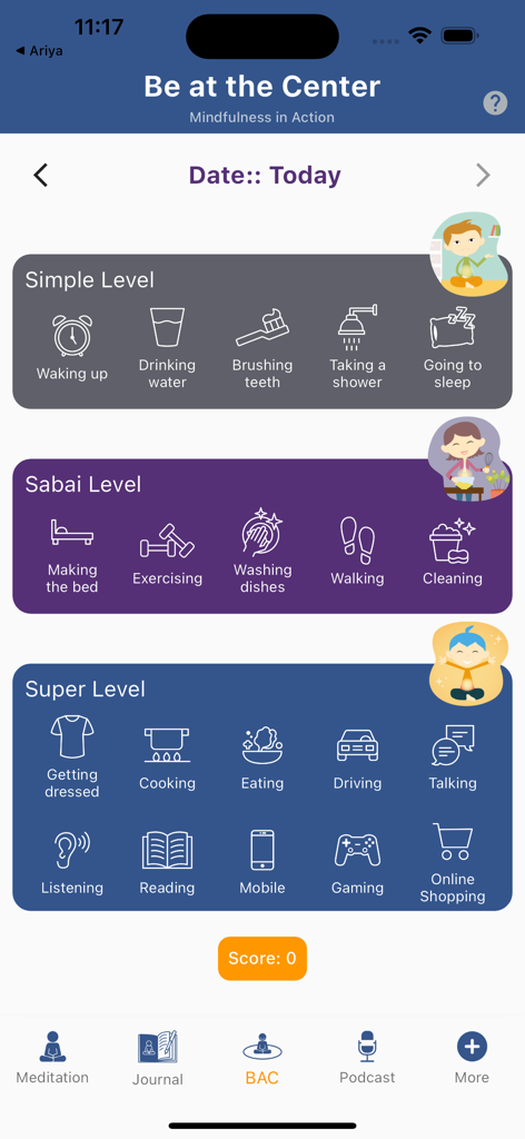 EnlightenMe 앱의 인터페이스, 기상, 운동, 독서와 같은 일상 활동에 대한 세 가지 수준의 마음챙김 표시