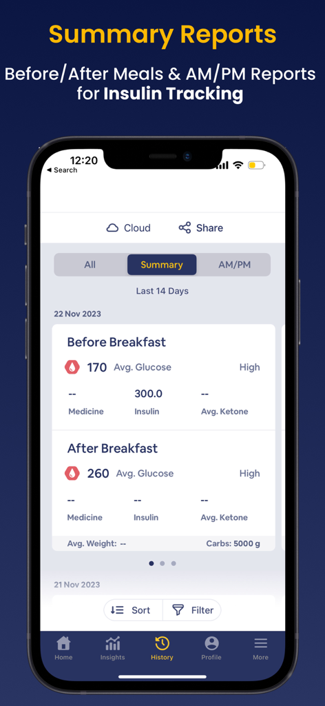 Blood Sugar Monitor Glucobyte - A smartphone display showing the Glucobyte app summary report with before and after meal blood glucose and insulin tracking data.