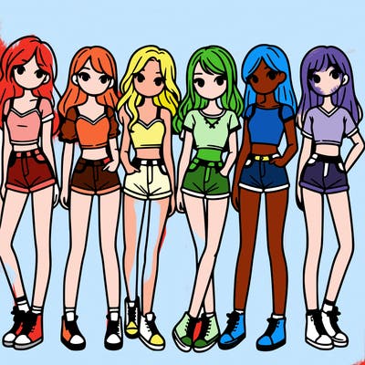 a group of girls wearing crop tops and shorts