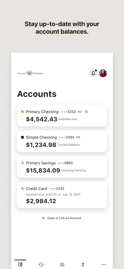 Valley Strong Mobile Banking app interface showing account balances for checking and savings accounts