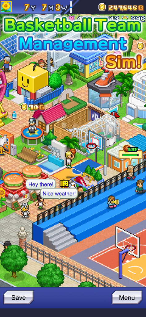 Basketball Club Story - A top-down view of a pixel art basketball clubhouse featuring various training facilities and a practice court