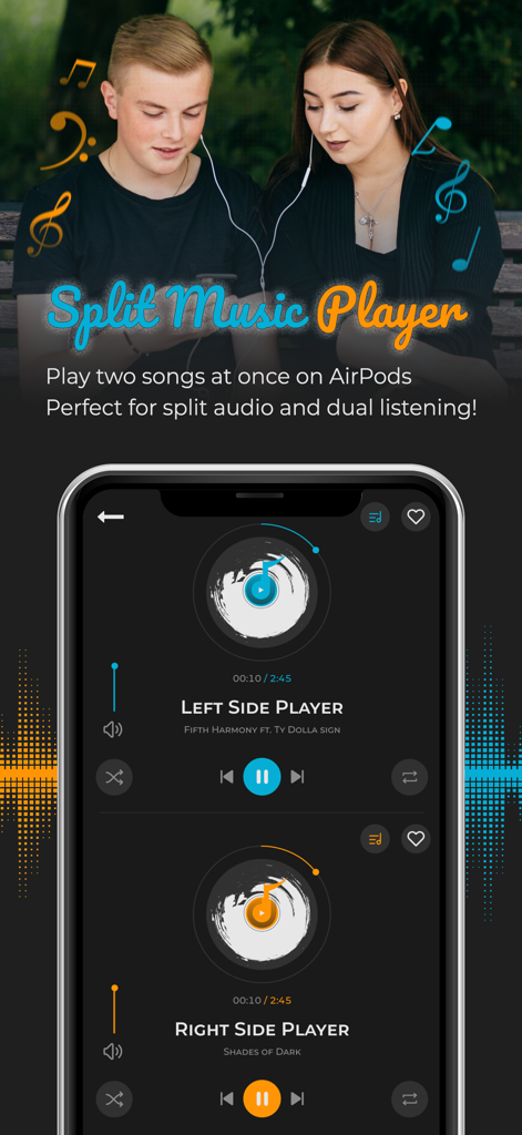 Two people sharing earbuds while using the Split Music Player app to listen to two different songs simultaneously on one device.