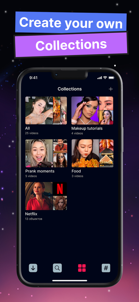 EasyTox mobile app interface showing organized video collections for makeup tutorials food and prank moments
