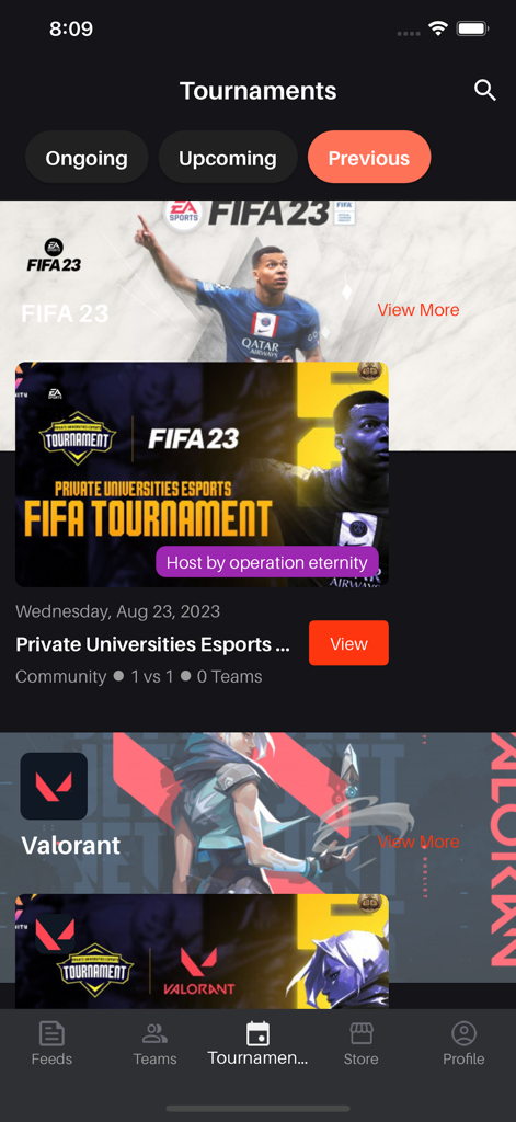 Eternity E-Sport MM - The tournaments interface of the Eternity E-Sport app showing lists for ongoing, upcoming, and previous events for games like FIFA 23 and Valorant.