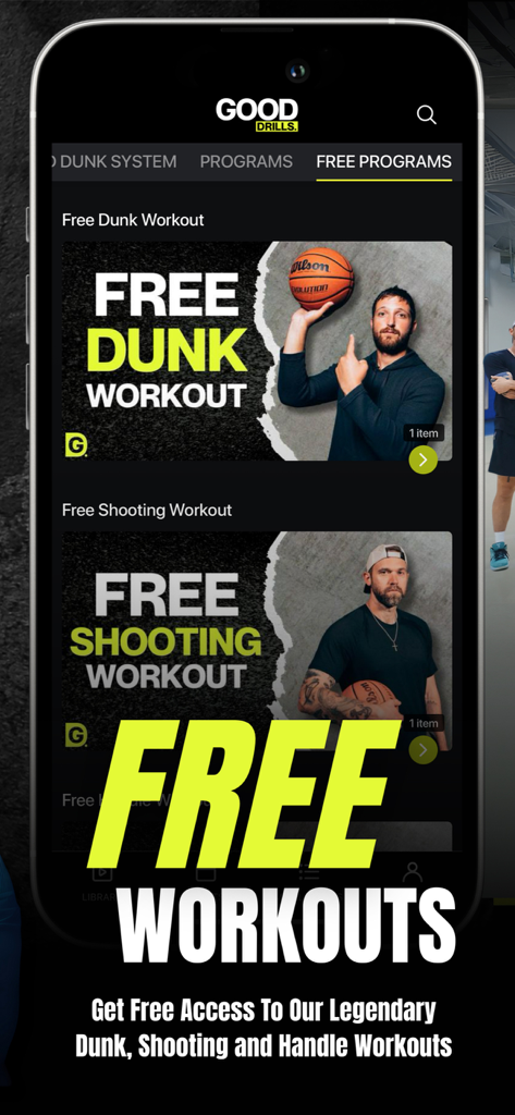 Mobile app interface of Good Drills showing free basketball programs for dunking and shooting