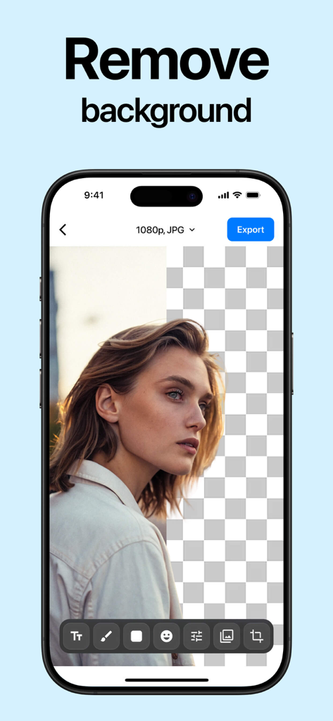AI Background Removerㅤ - Interface do aplicativo Removedor de Fundo IA mostrando o fundo de uma foto sendo apagado de um retrato de mulher