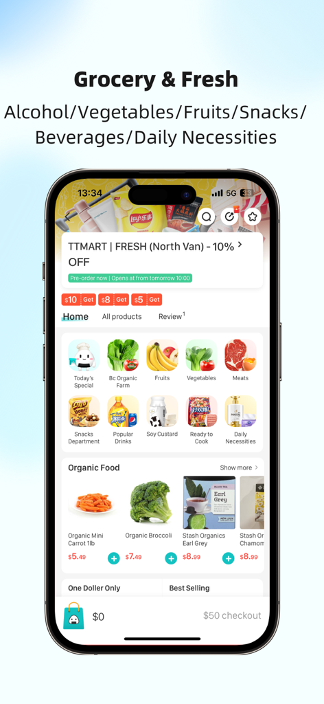 Fantuan Delivery app interface for TT Mart grocery and fresh food shopping