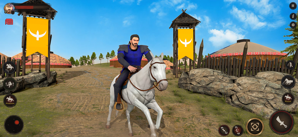 Osman Gazi a cavallo su un cavallo bianco in un accampamento tribale storico