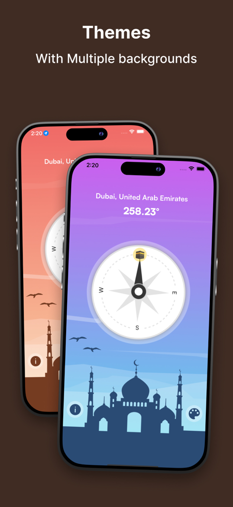 Qibla Compass Direction Finder - Two mobile phones showing different background themes for the Qibla Compass app