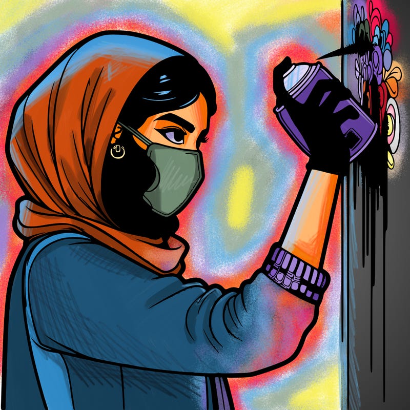 realistic girl with mask spray painting a wall