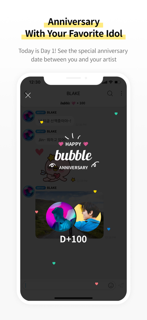 bubble for CUBE - A mobile screen displaying a hundred day anniversary milestone between a fan and their favorite idol in the bubble for CUBE app.