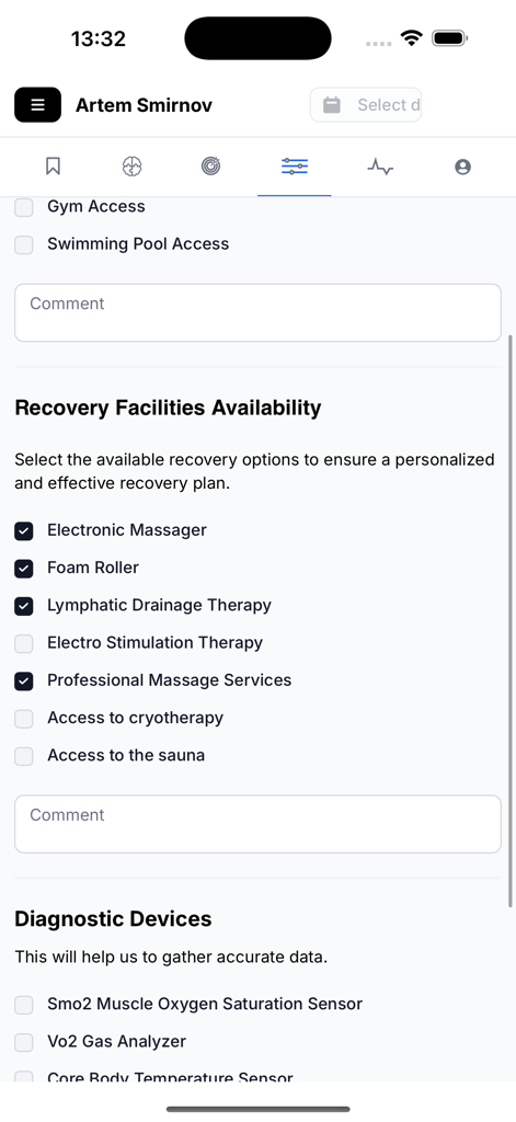 Training Endurance - Interfaz para seleccionar instalaciones de recuperación disponibles y dispositivos de diagnóstico para análisis profesional de entrenamiento de resistencia.