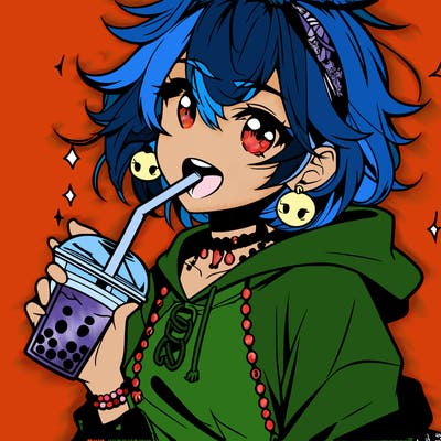 hot baddie anime girl drinking boba and biting the straw
