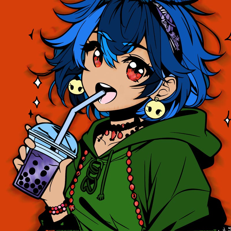 hot baddie anime girl drinking boba and biting the straw
