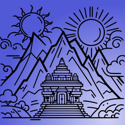mountain with temple and sun