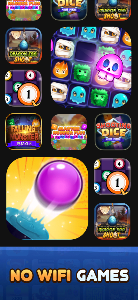 Offline GameHub: No Wifi Games - Una colección de varios juegos móviles sin conexión que incluyen puzzles y títulos arcade.