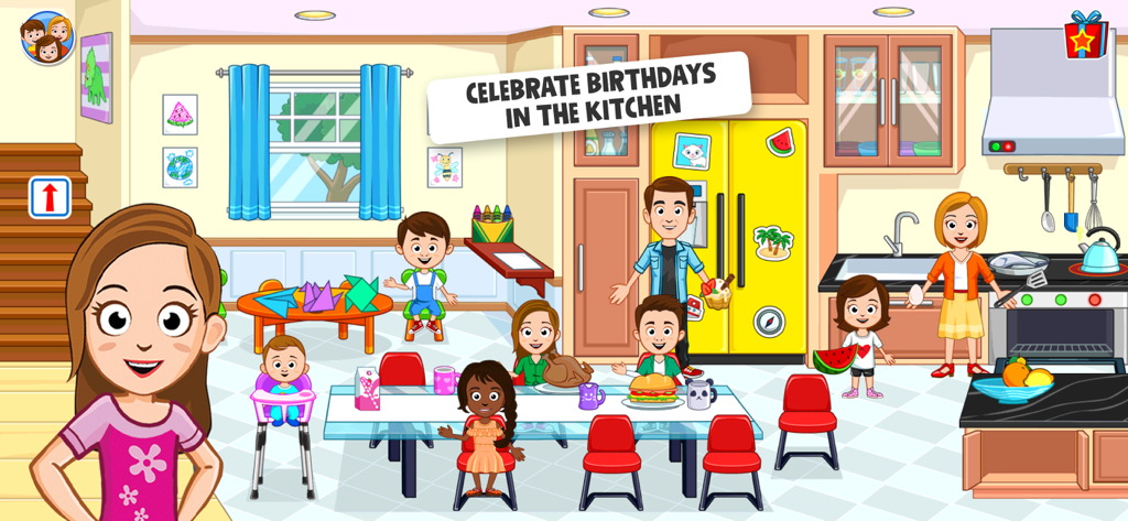 A colorful digital dollhouse kitchen with several family characters including parents and children