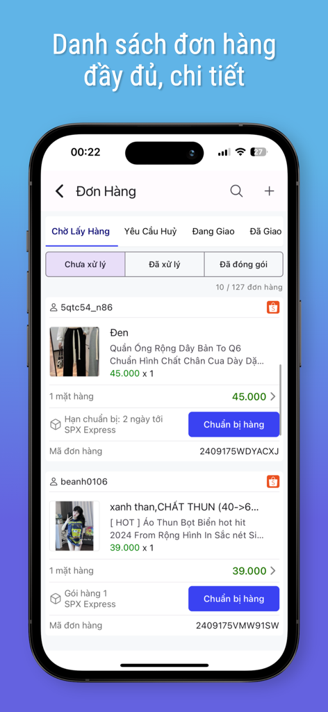 ShipXanh - ShipXanh mobile app interface showing a detailed e-commerce order management list.