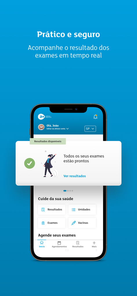 Interfaz de la app médica a plus que muestra una notificación de que los resultados del examen están listos