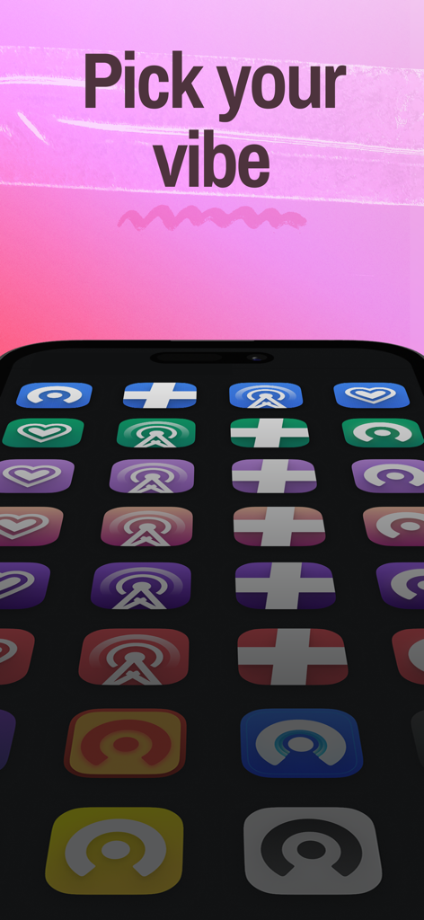 A variety of colorful custom app icons for Castro Podcast Player displayed on an iPhone with the text Pick your vibe