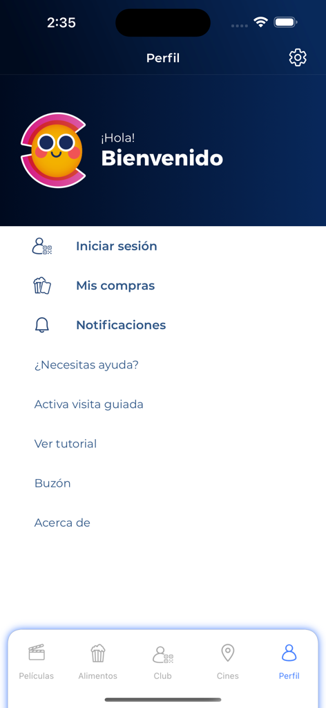 Pantalla de perfil de la app móvil de Cinépolis que muestra opciones de menú para inicio de sesión, compras y configuración en español.